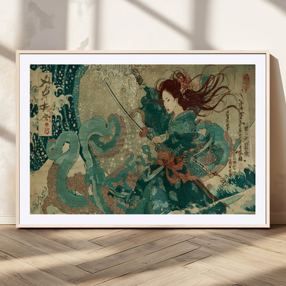 Tsukioka Yoshitoshi Samurai Wall Art Print, Japanese Katana Warrior Canvas Wall Art, Octopus Sea Monster Canvas Print,