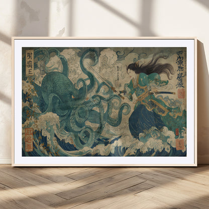Tsukioka Yoshitoshi Samurai Wall Art Print, Japanese Katana Warrior Canvas Wall Art, Octopus Sea Monster Canvas Print,