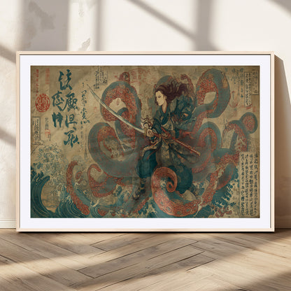 Tsukioka Yoshitoshi Samurai Wall Art Print, Japanese Katana Warrior Canvas Wall Art, Octopus Sea Monster Canvas Print,