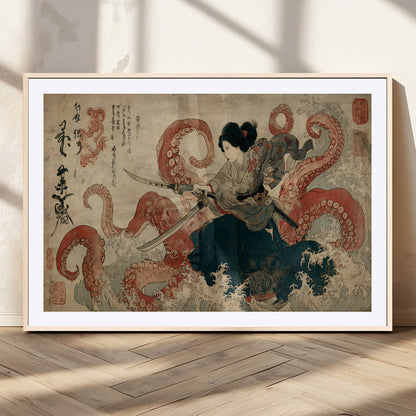 Tsukioka Yoshitoshi Samurai Wall Art Print, Japanese Katana Warrior Canvas Wall Art, Octopus Sea Monster Canvas Print,