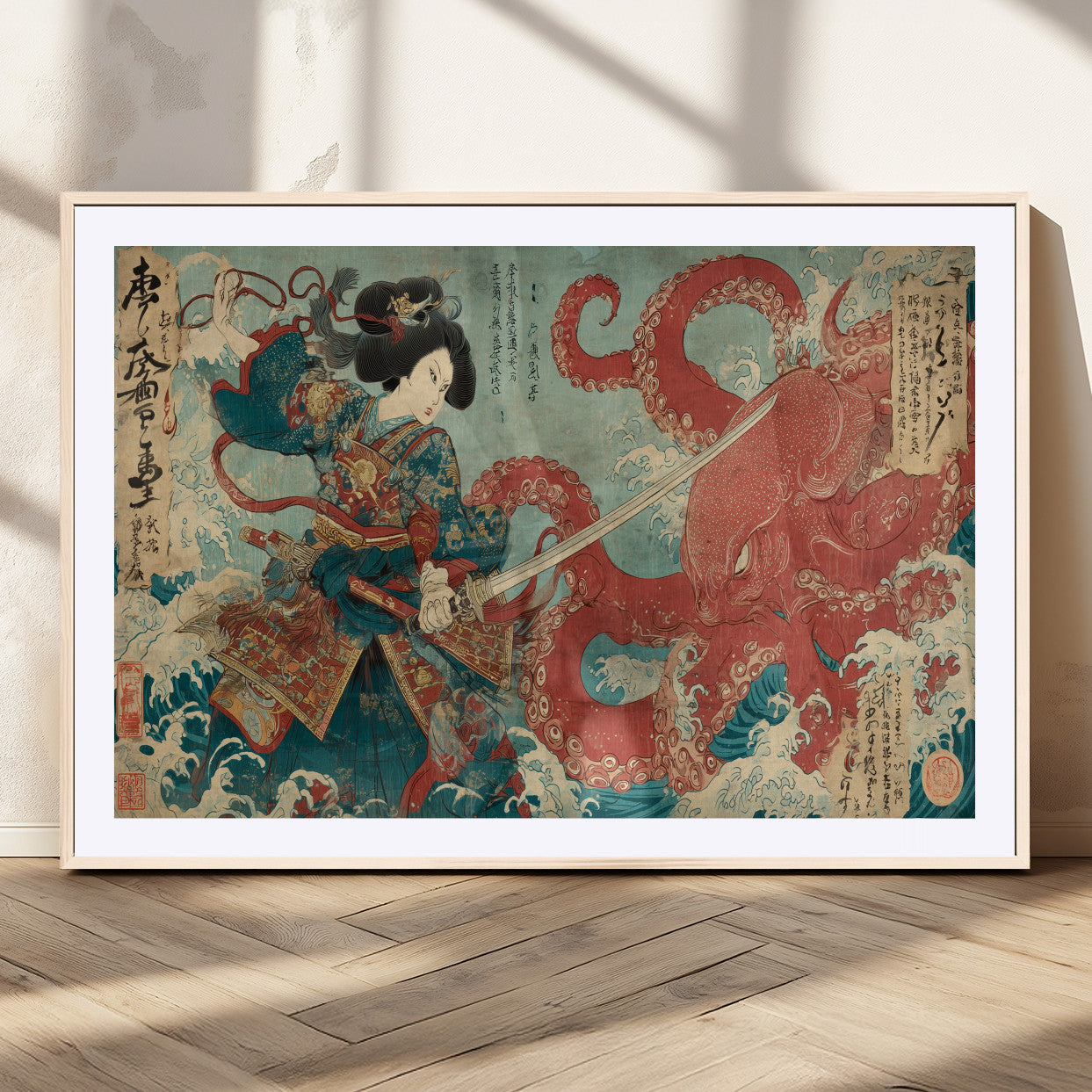 Tsukioka Yoshitoshi Samurai Wall Art Print, Japanese Katana Warrior Canvas Wall Art, Octopus Sea Monster Canvas Print,