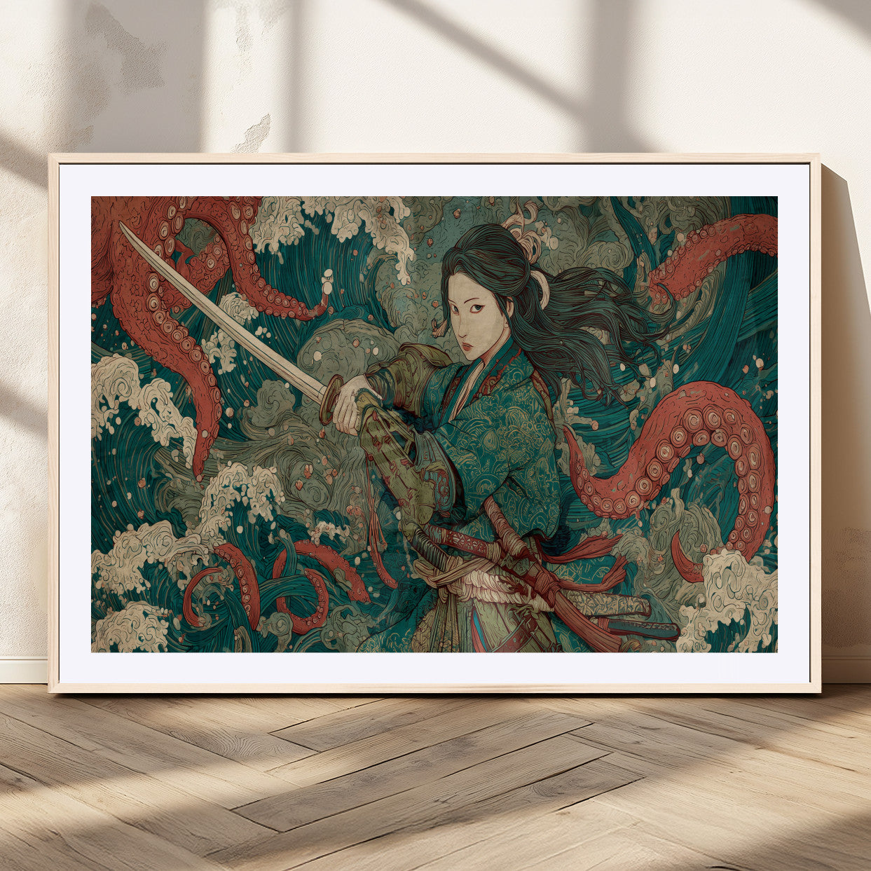 Tsukioka Yoshitoshi Samurai Wall Art Print, Japanese Katana Warrior Canvas Wall Art, Octopus Sea Monster Canvas Print,