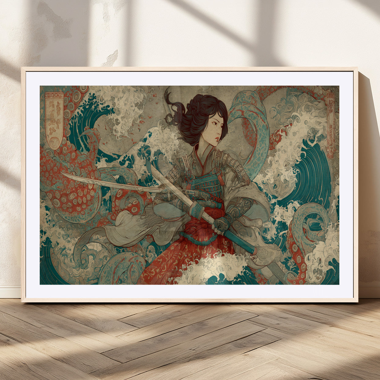 Tsukioka Yoshitoshi Samurai Wall Art Print, Japanese Katana Warrior Canvas Wall Art, Octopus Sea Monster Canvas Print,