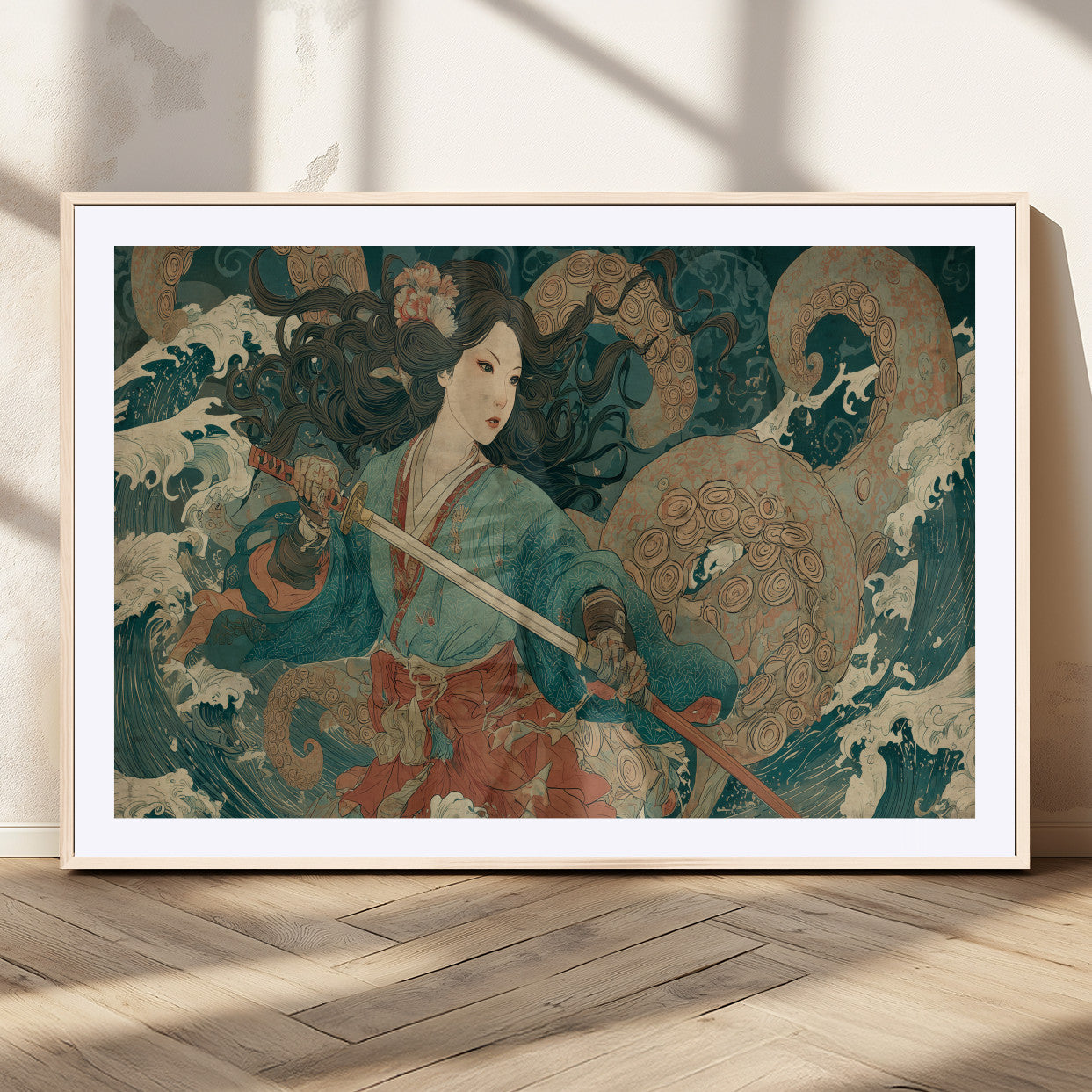 Tsukioka Yoshitoshi Samurai Wall Art Print, Japanese Katana Warrior Canvas Wall Art, Octopus Sea Monster Canvas Print,