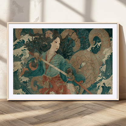 Tsukioka Yoshitoshi Samurai Wall Art Print, Japanese Katana Warrior Canvas Wall Art, Octopus Sea Monster Canvas Print,