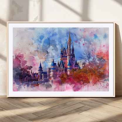 Watercolor canvas of a dreamy Disney-style castle in pastel pink and blue tones, perfect for fairytale or whimsical home decor.