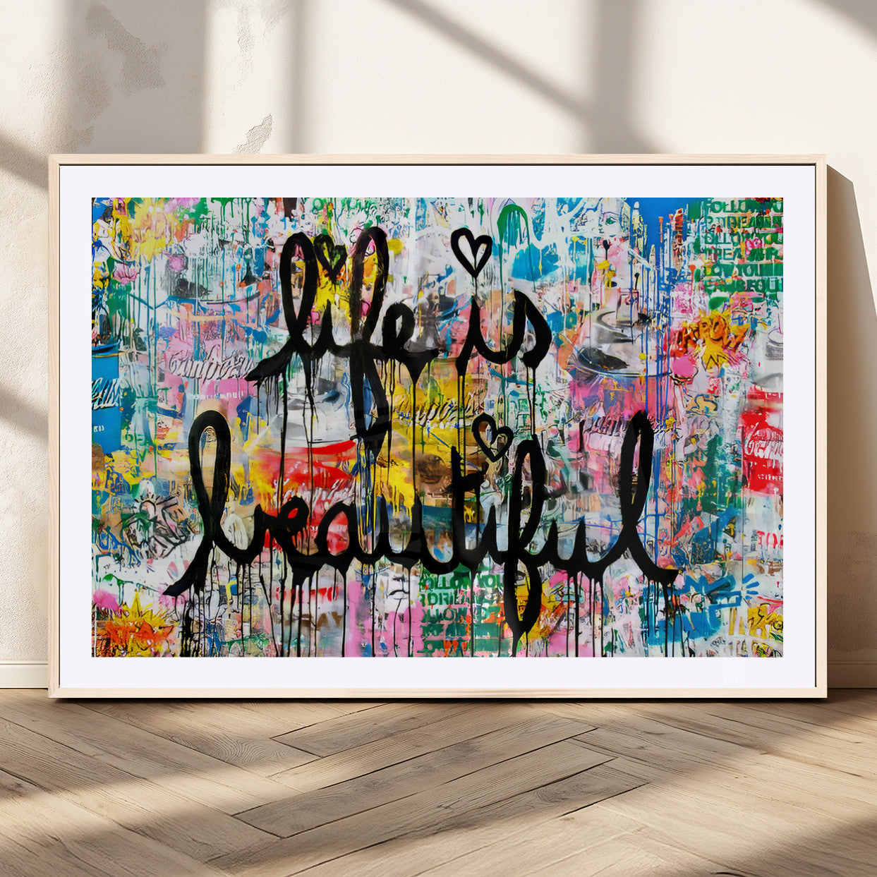 Colorful urban-style canvas with graffiti text “Life is Beautiful” in black paint, ideal for bold or street-themed home decor.