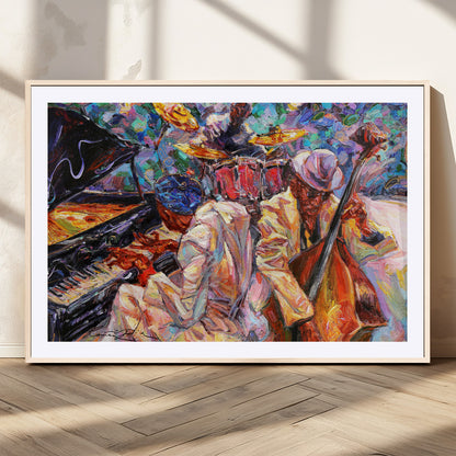 Vibrant oil painting of a jazz band with piano, saxophone, and bass, ideal for colorful and expressive music-themed home decor.