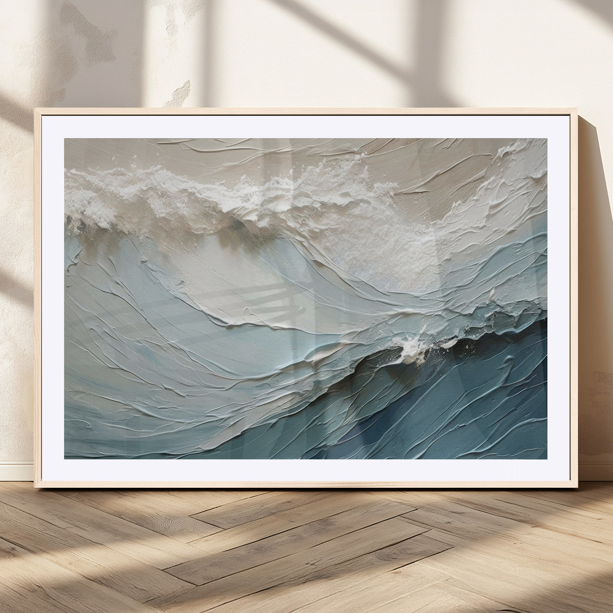 Textured canvas of ocean waves in soft coastal blues and creamy whites, ideal for modern or minimalist coastal-style interiors.