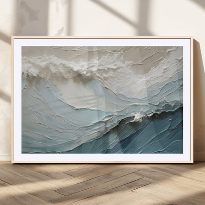 Textured canvas of ocean waves in soft coastal blues and creamy whites, ideal for modern or minimalist coastal-style interiors.