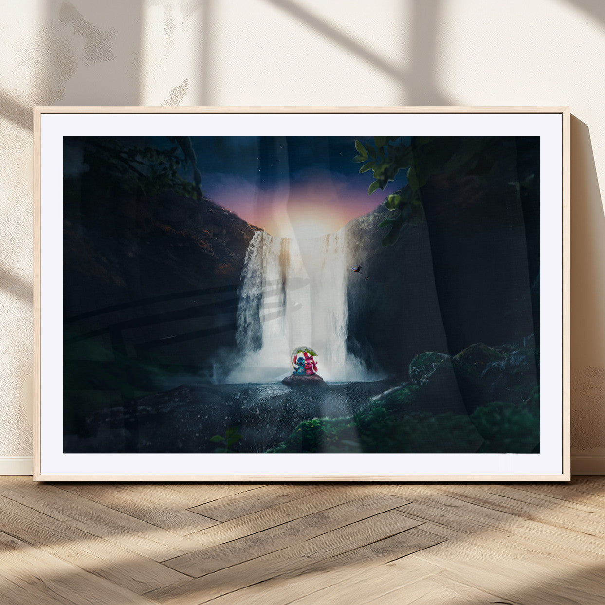 Romantic scene of Stitch and Angel sitting under a leaf in front of a glowing waterfall, ideal for tropical or fantasy-themed decor.