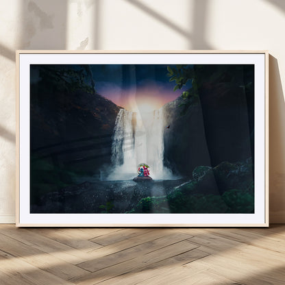 Romantic scene of Stitch and Angel sitting under a leaf in front of a glowing waterfall, ideal for tropical or fantasy-themed decor.