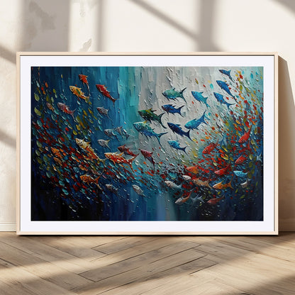 Colorful painting of fish swimming in abstract ocean swirls, perfect for vibrant marine-themed or expressive coastal home decor.