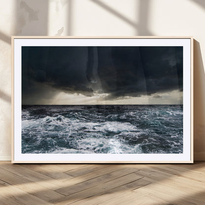 Moody ocean scene with stormy skies and crashing waves, perfect for dramatic or coastal-style home wall decor.