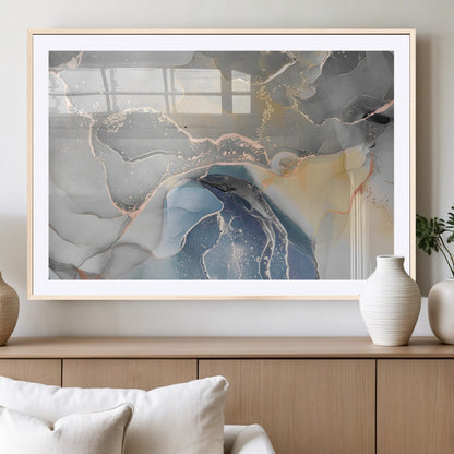 -Abstract Fluid Art Wall Decor – Blue, Gray & Gold Canvas Print, Modern Home and Office Wall Art Decor for Living Room, Bedroom or Workspace