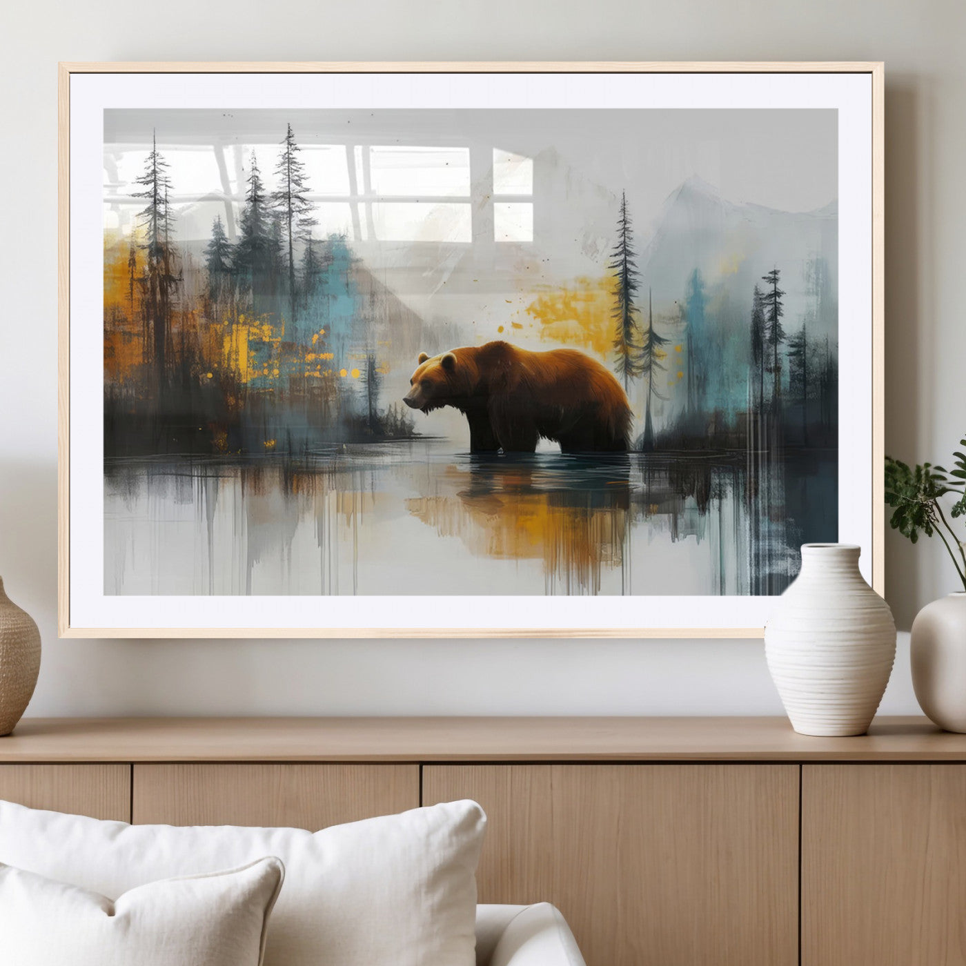 A majestic bear stands by the serene waters of a misty forest, surrounded by towering trees and distant mountains, evoking the raw beauty and wild spirit of nature.