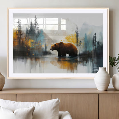 A majestic bear stands by the serene waters of a misty forest, surrounded by towering trees and distant mountains, evoking the raw beauty and wild spirit of nature.