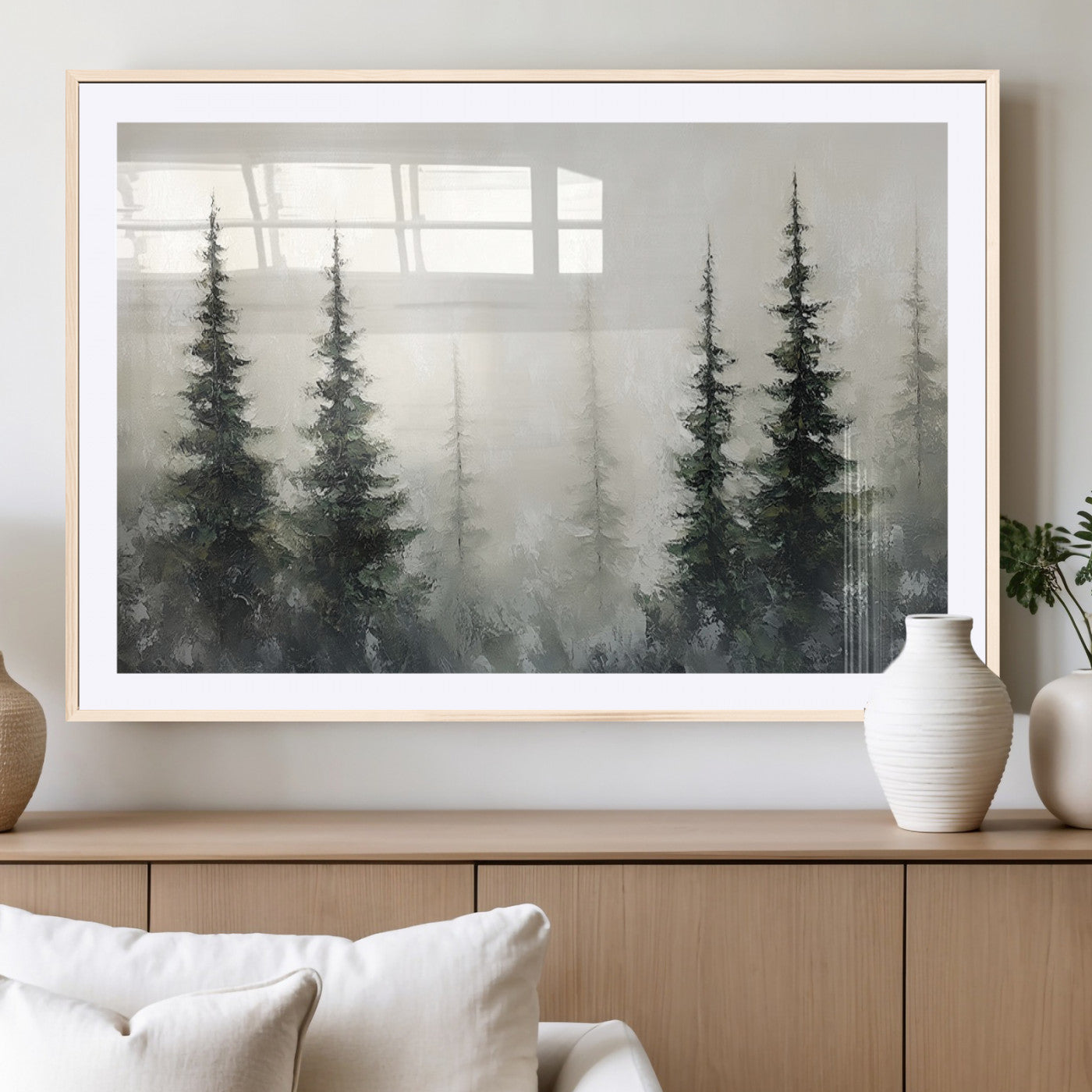 Soft and misty pine forest painting in neutral earthy tones, ideal for calm woodland or minimalist rustic home decor.