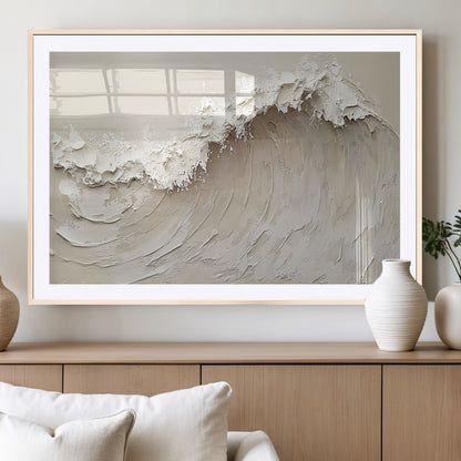 Textured canvas of an abstract white ocean wave in neutral tones, ideal for modern coastal or minimalist home decor.
