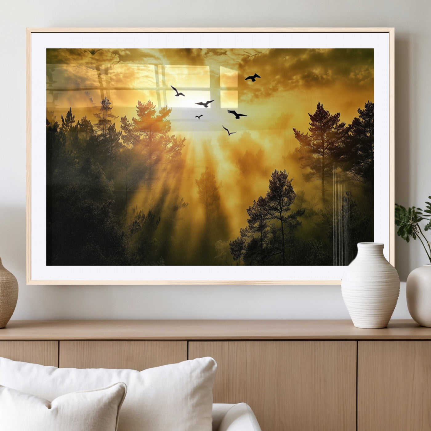 Canvas of a golden forest at sunset with birds flying through glowing sunbeams and silhouetted pine trees, ideal for warm-toned rustic decor.