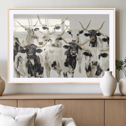 Canvas of a Texas Longhorn cattle herd in neutral black and white tones, ideal for rustic farmhouse or western-themed decor.