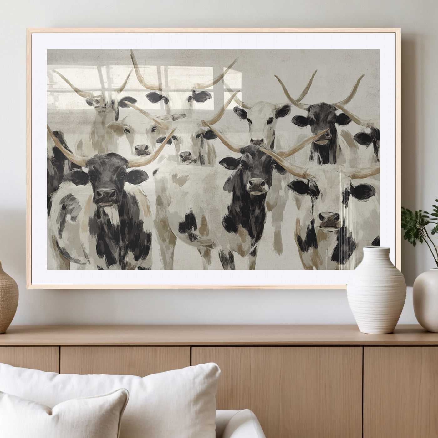 Canvas of a Texas Longhorn cattle herd in neutral black and white tones, ideal for rustic farmhouse or western-themed decor.