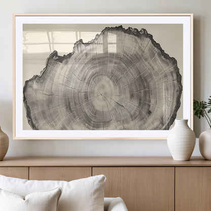 Detailed tree ring drawing in monochrome tones, ideal for rustic or nature-inspired interiors with a minimal decor aesthetic.
