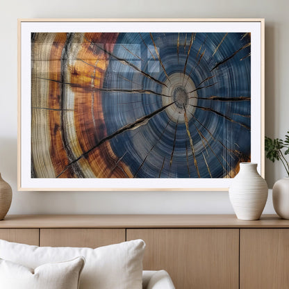A stunning close-up view of a tree trunk, showcasing the intricate growth rings in a vibrant mix of warm browns, cool blues, and hints of natural texture.