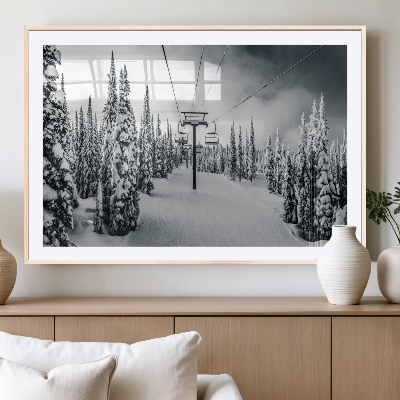 Canvas of a snowy ski lift scene through a forest of tall pine trees, ideal for moody winter or alpine-themed home decor.