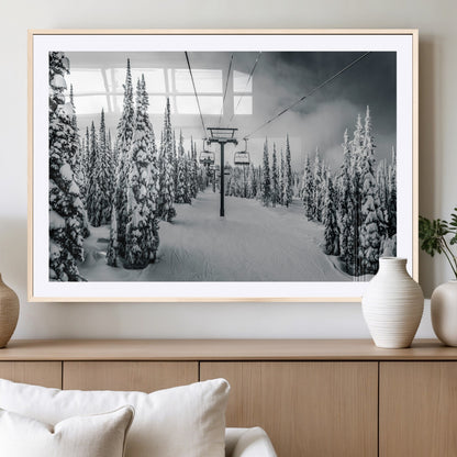 Canvas of a snowy ski lift scene through a forest of tall pine trees, ideal for moody winter or alpine-themed home decor.