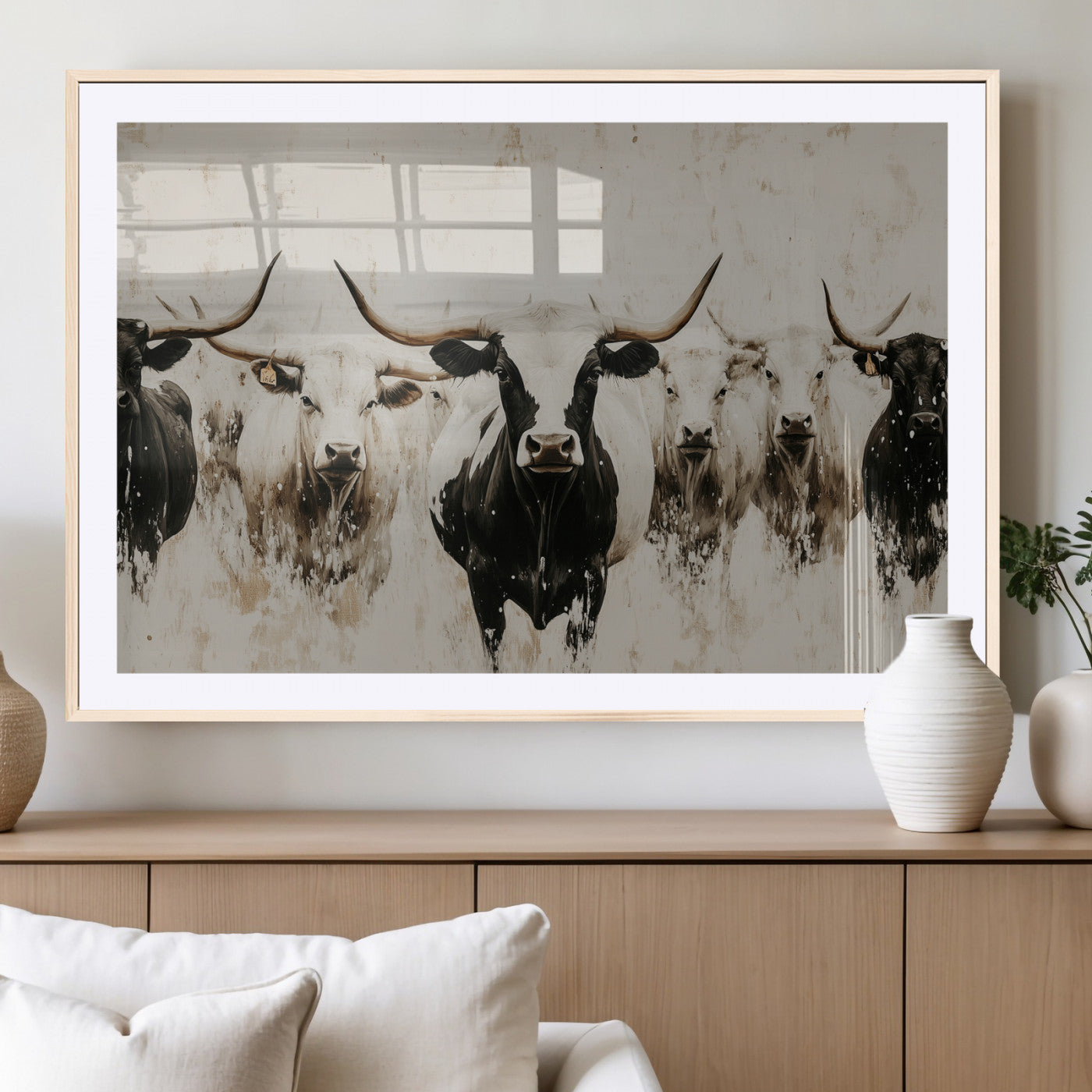 Illustrated herd of longhorn cattle in black and white tones with a neutral textured background, perfect for rustic or farmhouse-style decor.