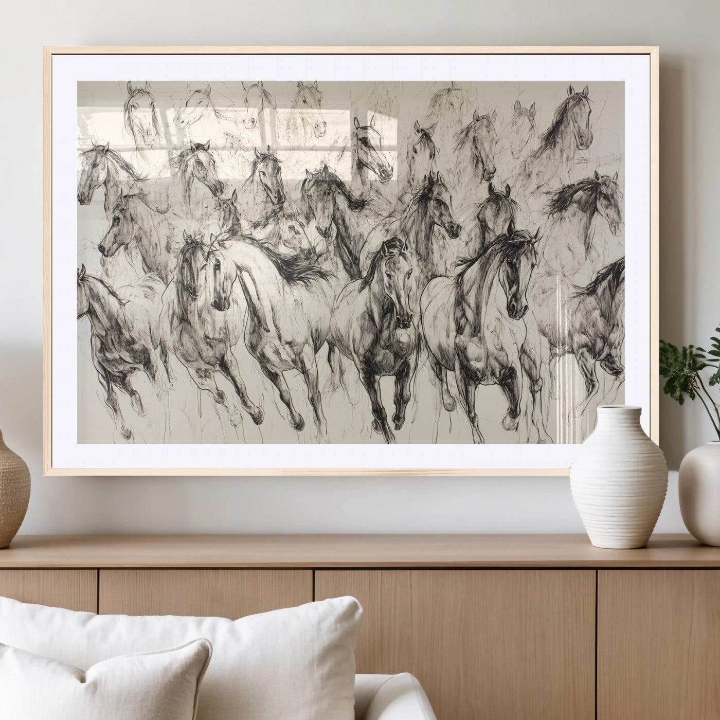 Monochrome ink sketch of galloping horses in dynamic motion, perfect for western or equine-themed wall decor with bold artistic energy.