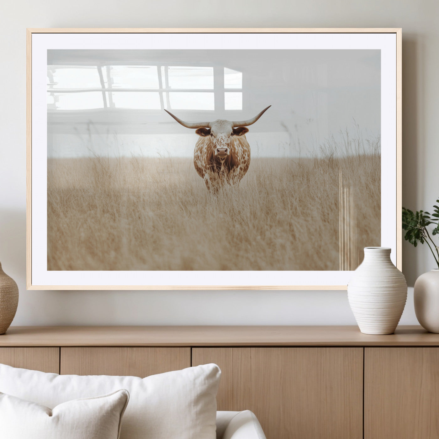 Texas Longhorn bull standing alone in dry grass with neutral tones, ideal for rustic western or cowboy-themed wall decor.