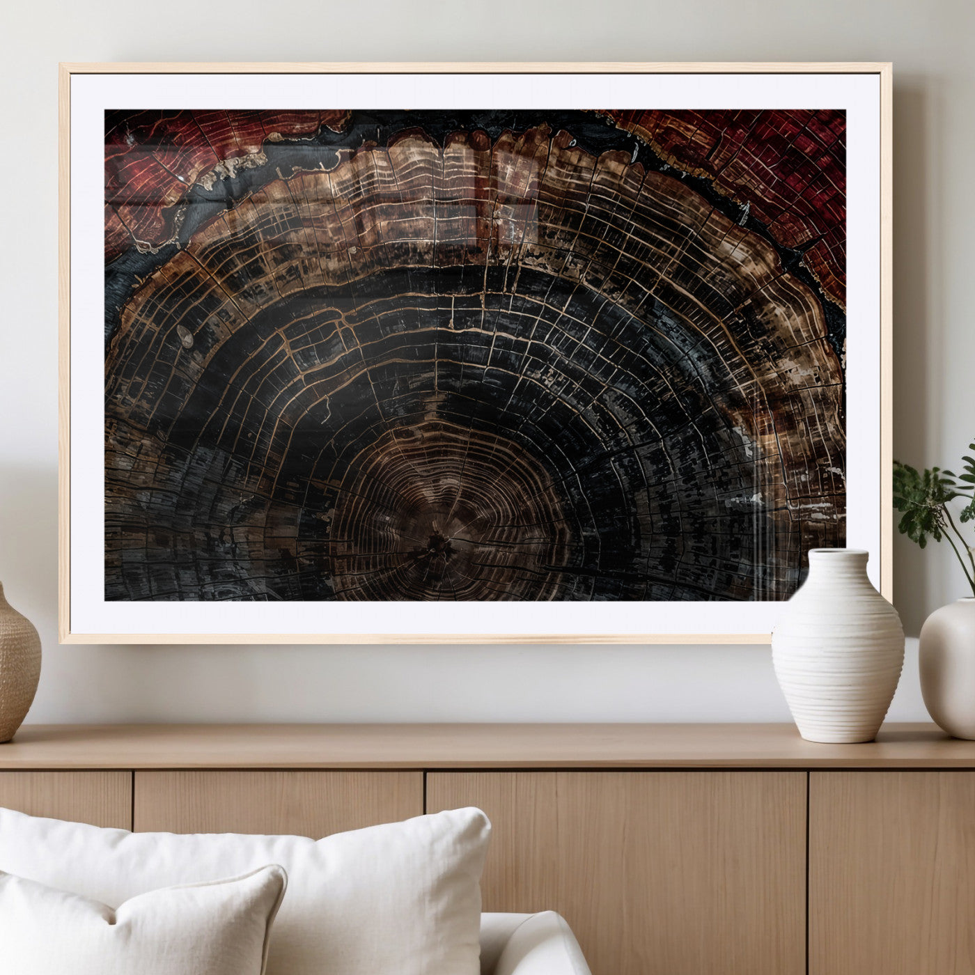 Dark Wood Wall Art Print - Petrified Tree Canvas Print, featuring an intricate tree ring pattern with deep earthy tones and organic textures, perfect for rustic and nature-inspired decor.