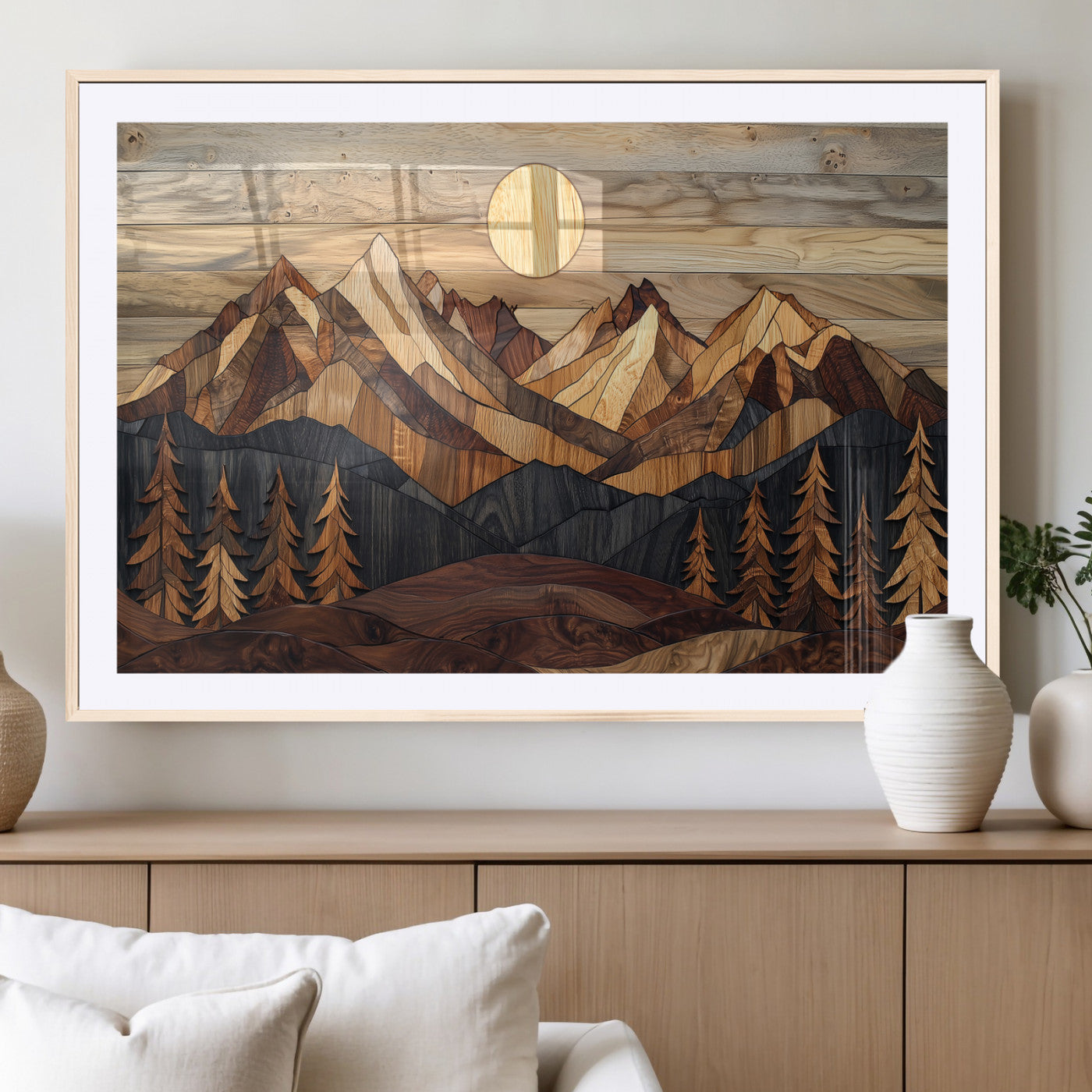 Mountain Landscape Wall Art Print - Sunset Hills Canvas Print, featuring an abstract nature scene with earthy tones and misty peaks, perfect for boho and modern decor.