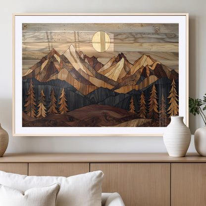 Mountain Landscape Wall Art Print - Sunset Hills Canvas Print, featuring an abstract nature scene with earthy tones and misty peaks, perfect for boho and modern decor.