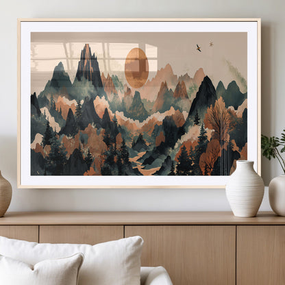 Mountain Landscape Wall Art Print - Sunset Hills Canvas Print, featuring an abstract nature scene with earthy tones and misty peaks, perfect for boho and modern decor.