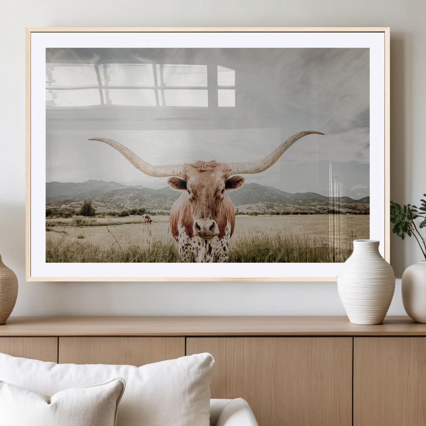 Longhorn Wall Art Print - Western Cow Canvas Print, featuring a majestic Texas longhorn in a rustic prairie setting, perfect for farmhouse and western decor.