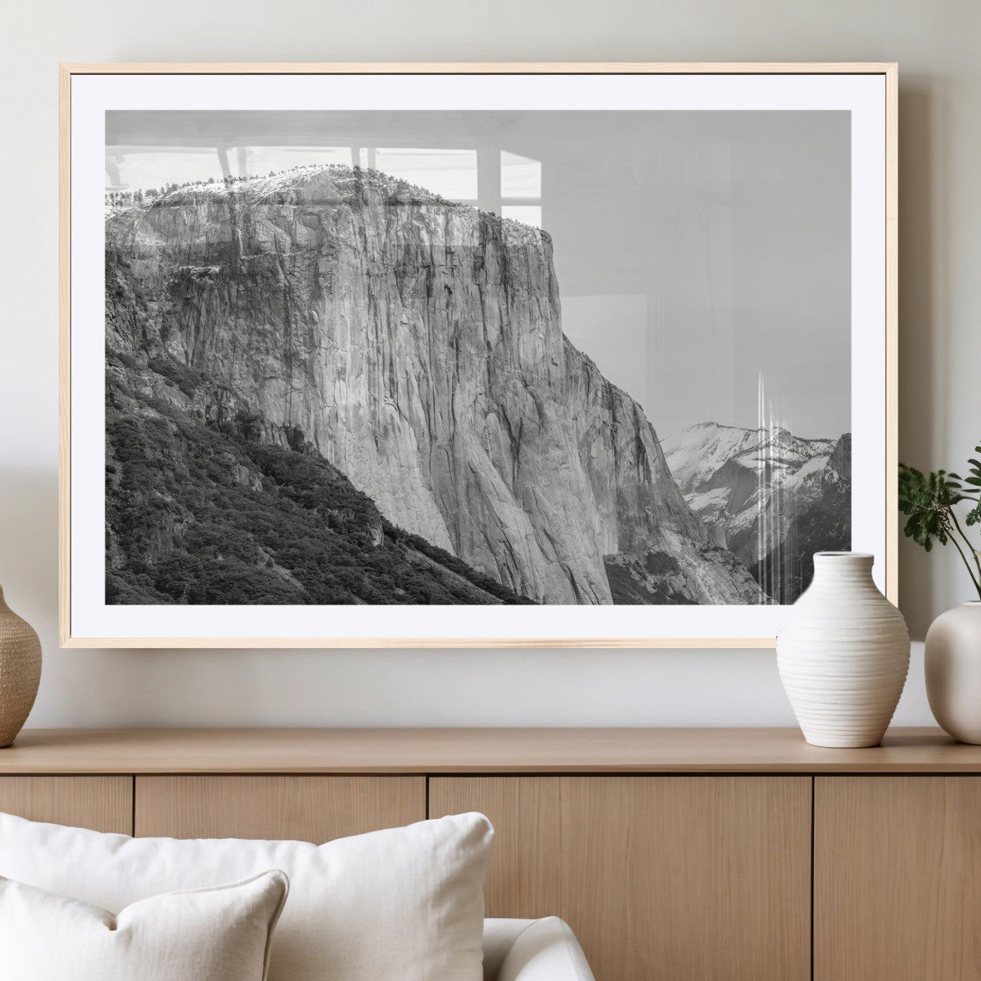 Monochrome canvas of El Capitan’s granite wall in Yosemite with snowy peaks, ideal for dramatic mountain or black-and-white nature decor.