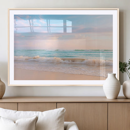 Pastel-toned ocean waves under soft sunset skies, ideal for pastel coastal or serene beach-style home decor.