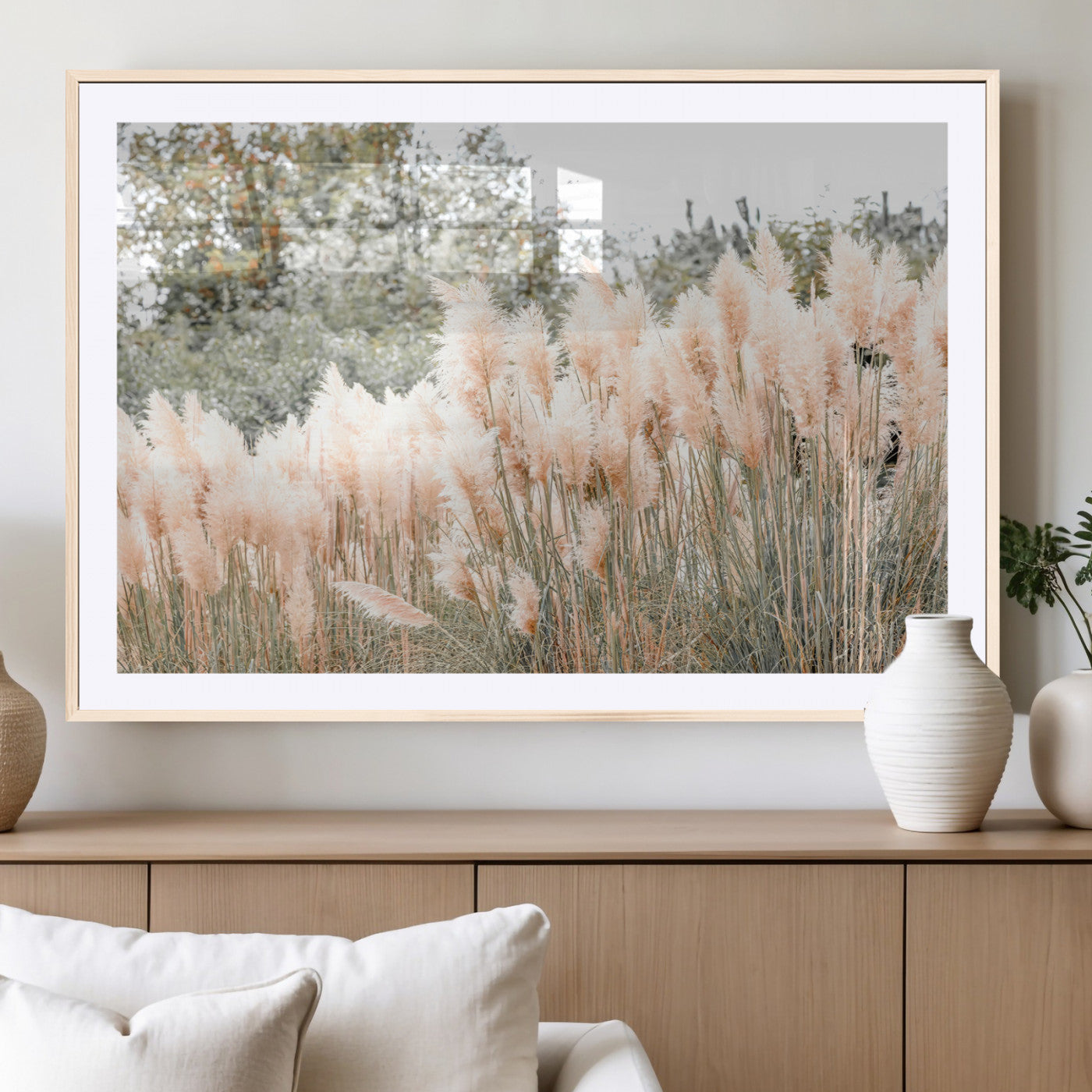 Soft pastel pampas grasses in a natural setting, ideal for neutral boho or rustic botanical-style interior wall decoration.