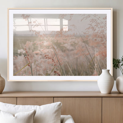 Soft pastel field with wild grasses in warm light, ideal for minimal nature or airy countryside-inspired interior wall decoration.