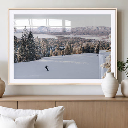 Canvas of a snowy mountain ski slope with pine trees and bright winter light, ideal for modern rustic or alpine-inspired home decor.