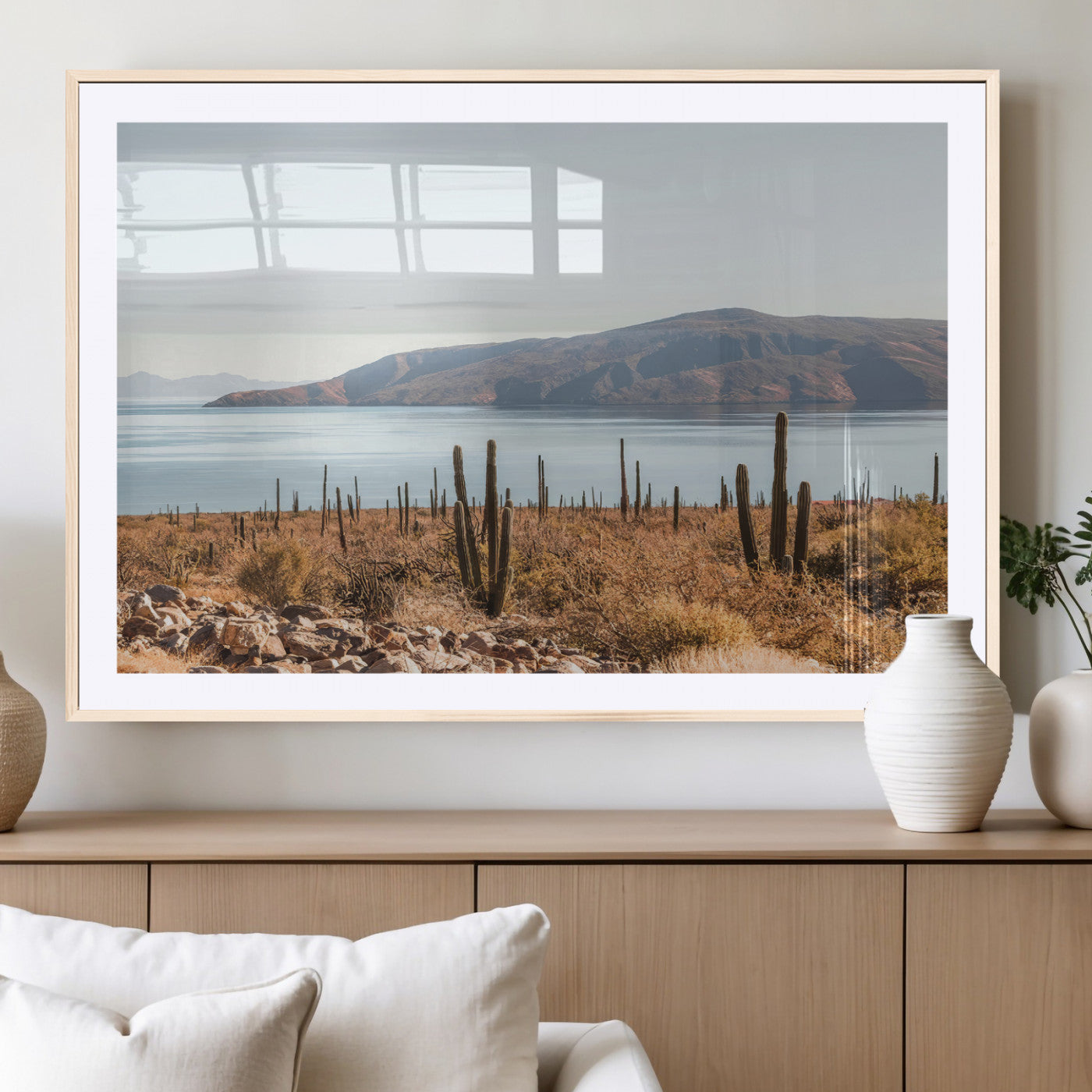 Warm desert landscape with cacti and coastal mountains, perfect for southwestern or earthy calm-themed home wall decor.