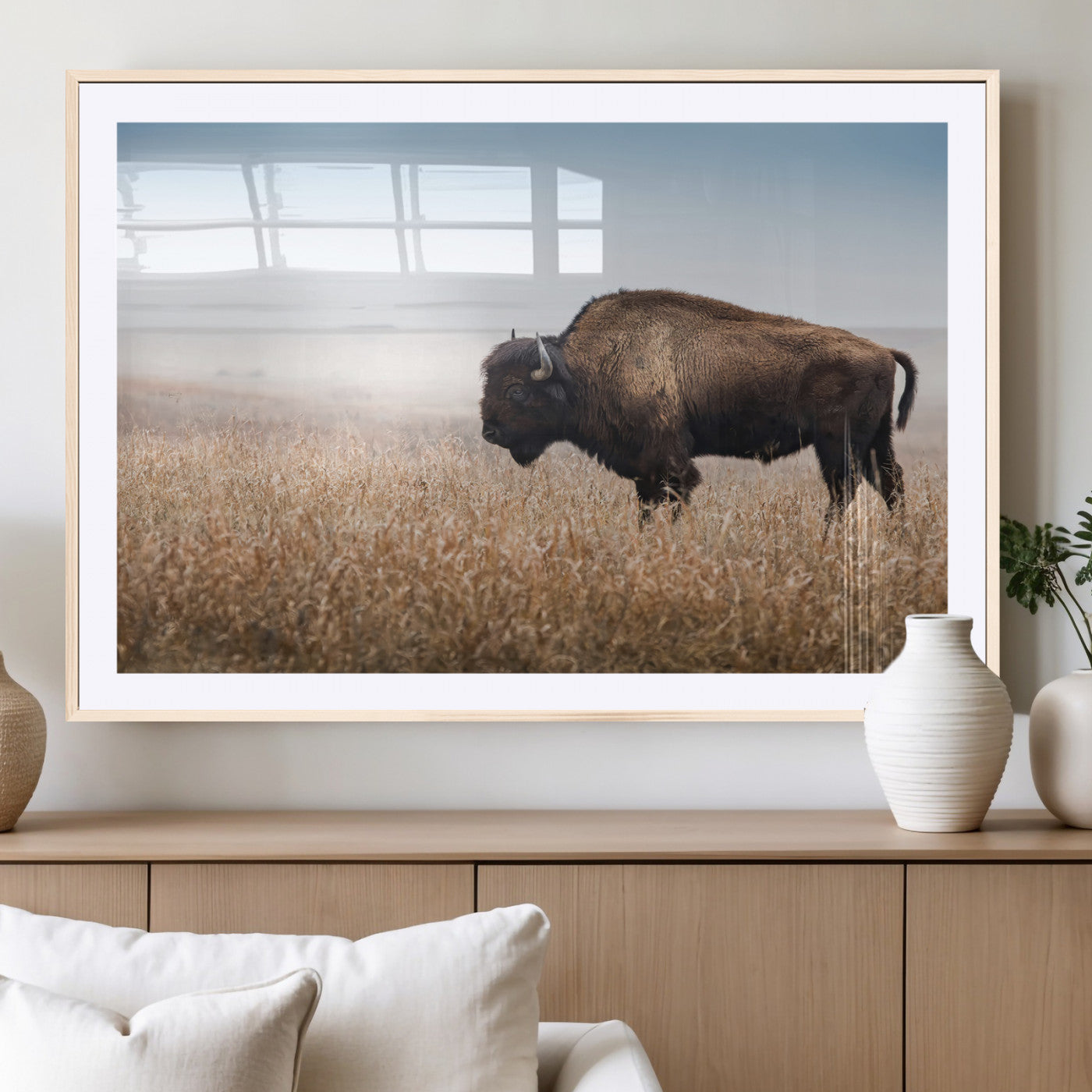 A majestic bison standing in an open prairie field, its strong form blending into the golden grass under a vast blue sky, evoking the wild spirit of the American plains.