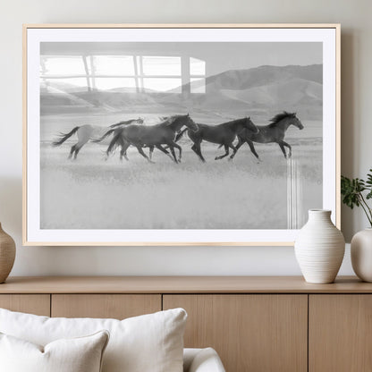 A black and white image of wild horses running freely across an open grassland, capturing the power and beauty of untamed nature in a rustic western setting.