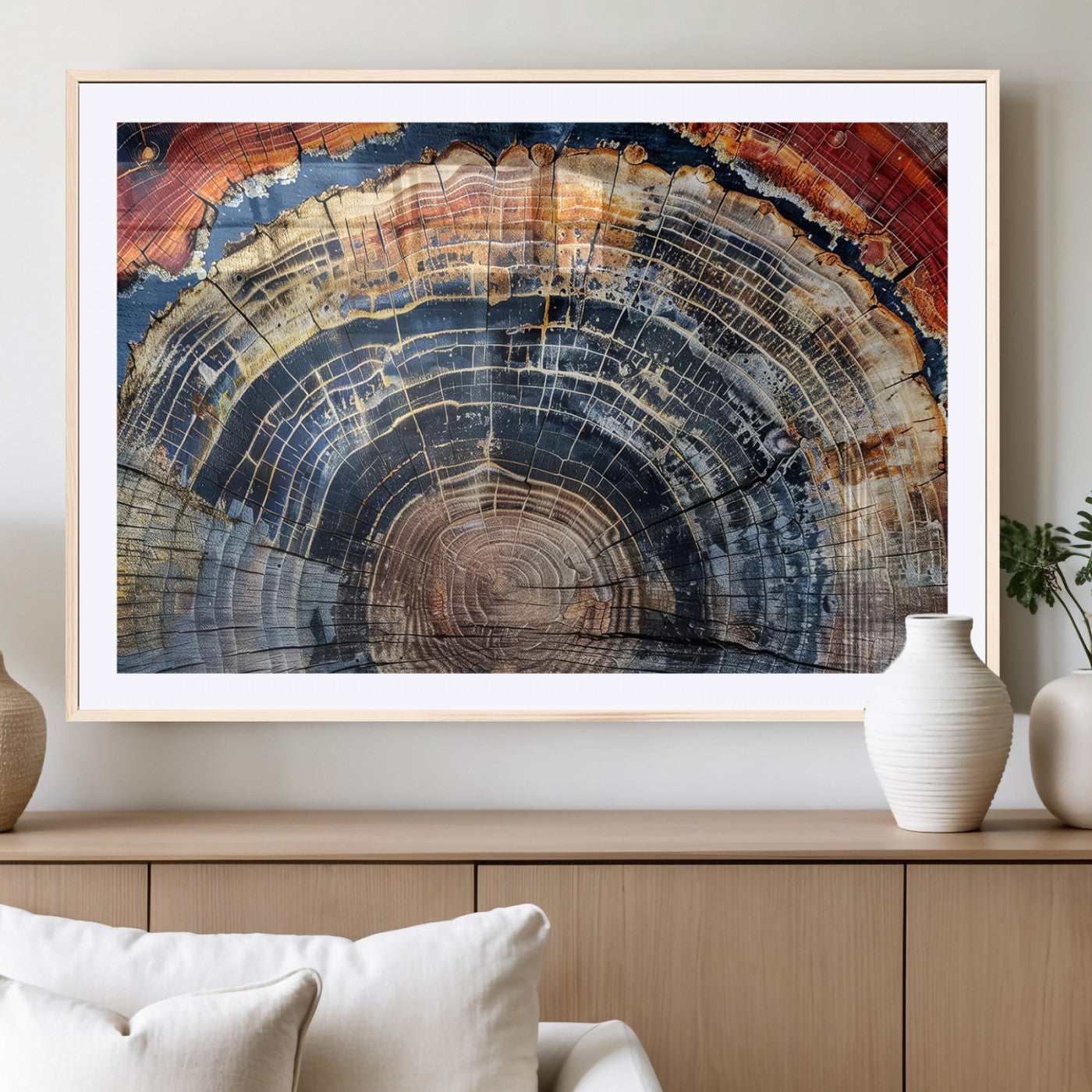 Vibrant tree ring with orange, brown, and blue tones in abstract detail, perfect for rustic or boho-inspired wall decor.