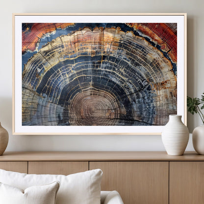 Vibrant tree ring with orange, brown, and blue tones in abstract detail, perfect for rustic or boho-inspired wall decor.