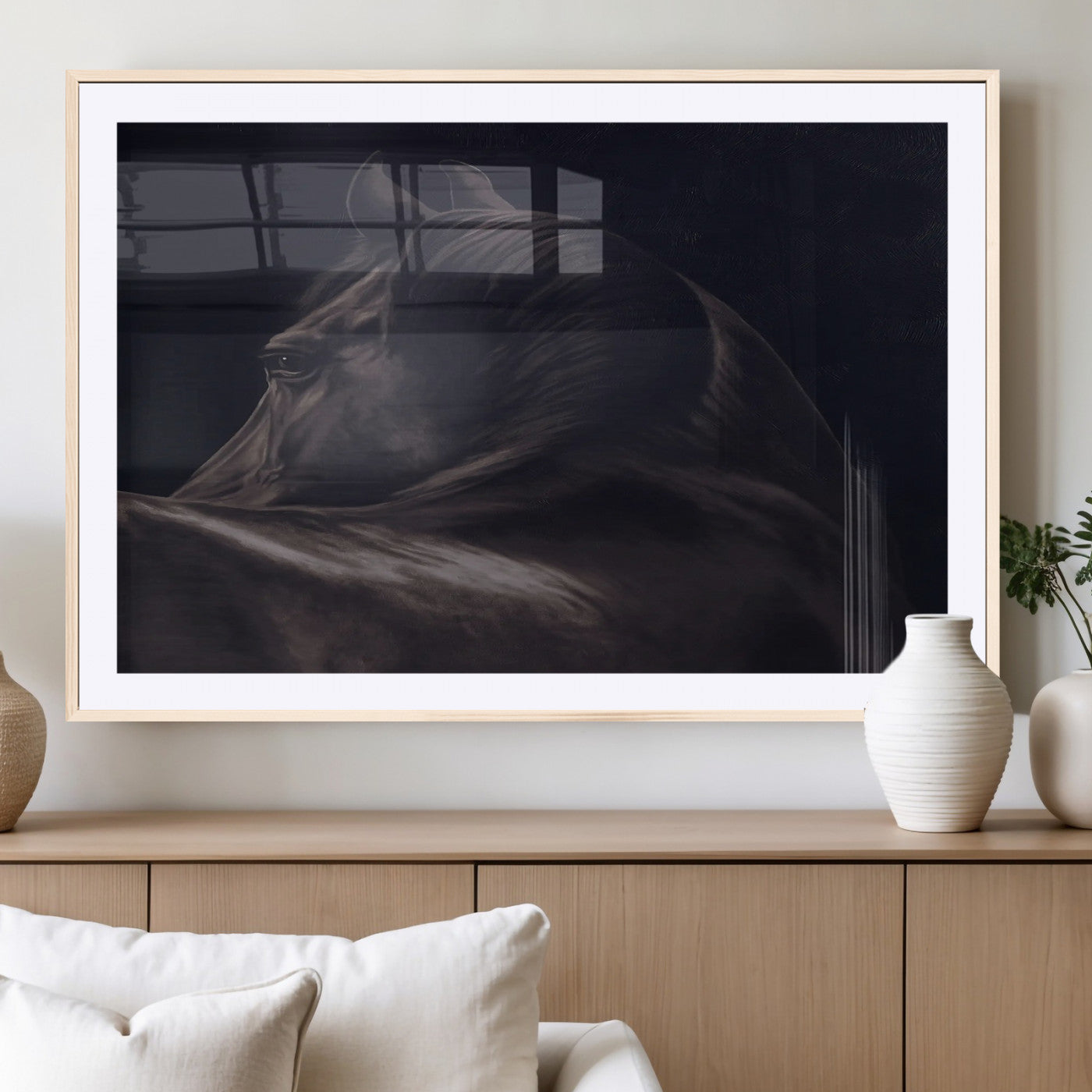 Close-up of a black horse with dramatic lighting on a dark background, perfect for rustic or masculine home decor.