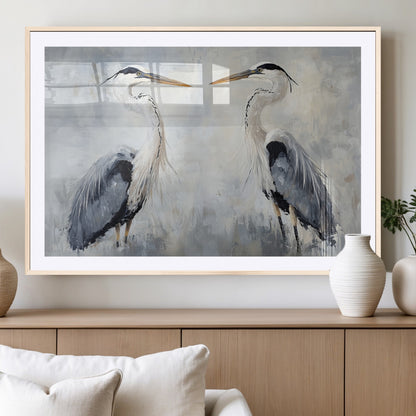 Two herons facing each other on a soft-toned background with blue-grey feathers, perfect for tranquil, coastal or nature-themed interiors.